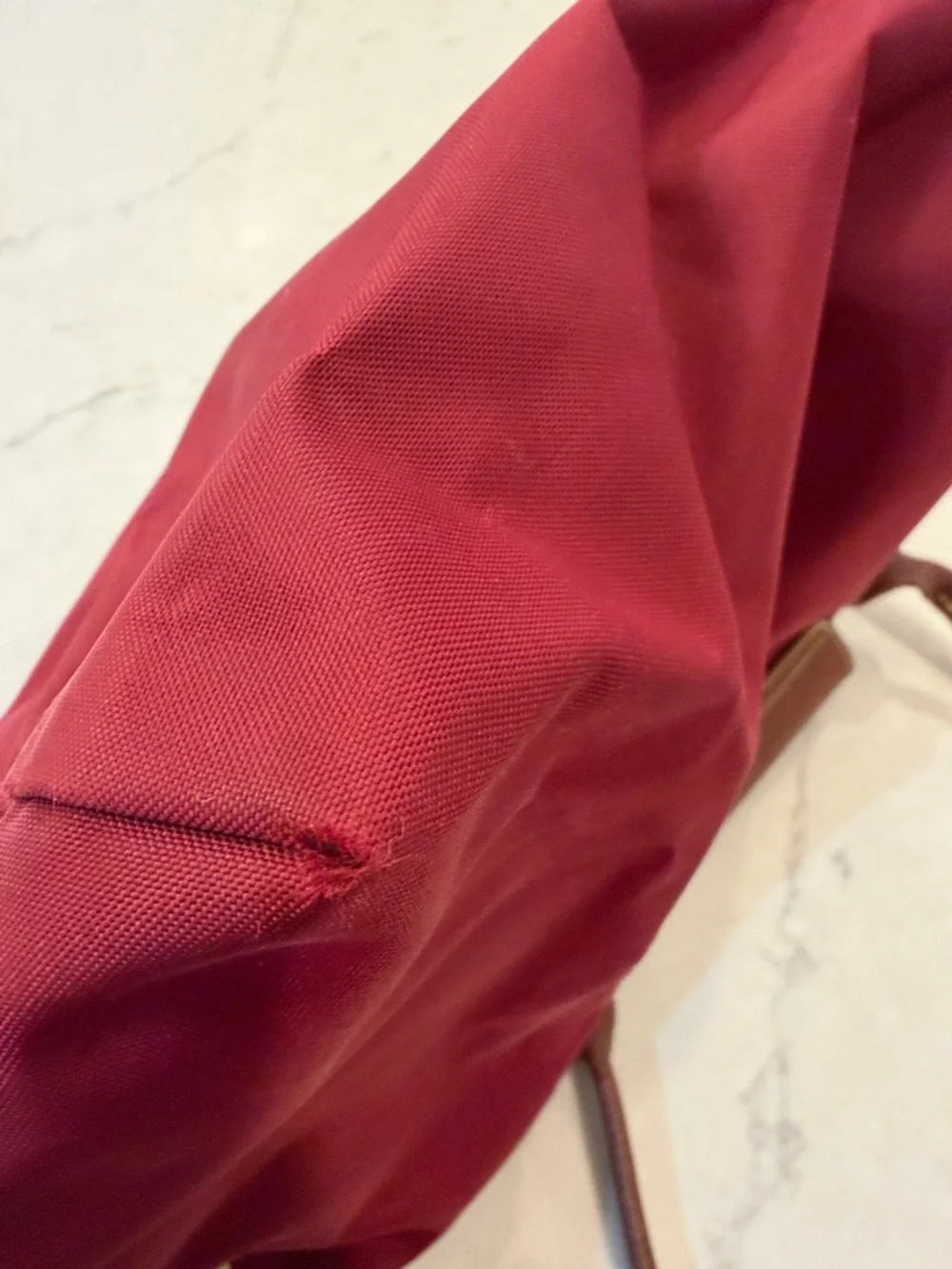 Longchamp Red Nylon Tote with Brown Leather Trim - Picture 13 of 14